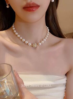 法式珍珠项链轻奢小众镶钻时尚女