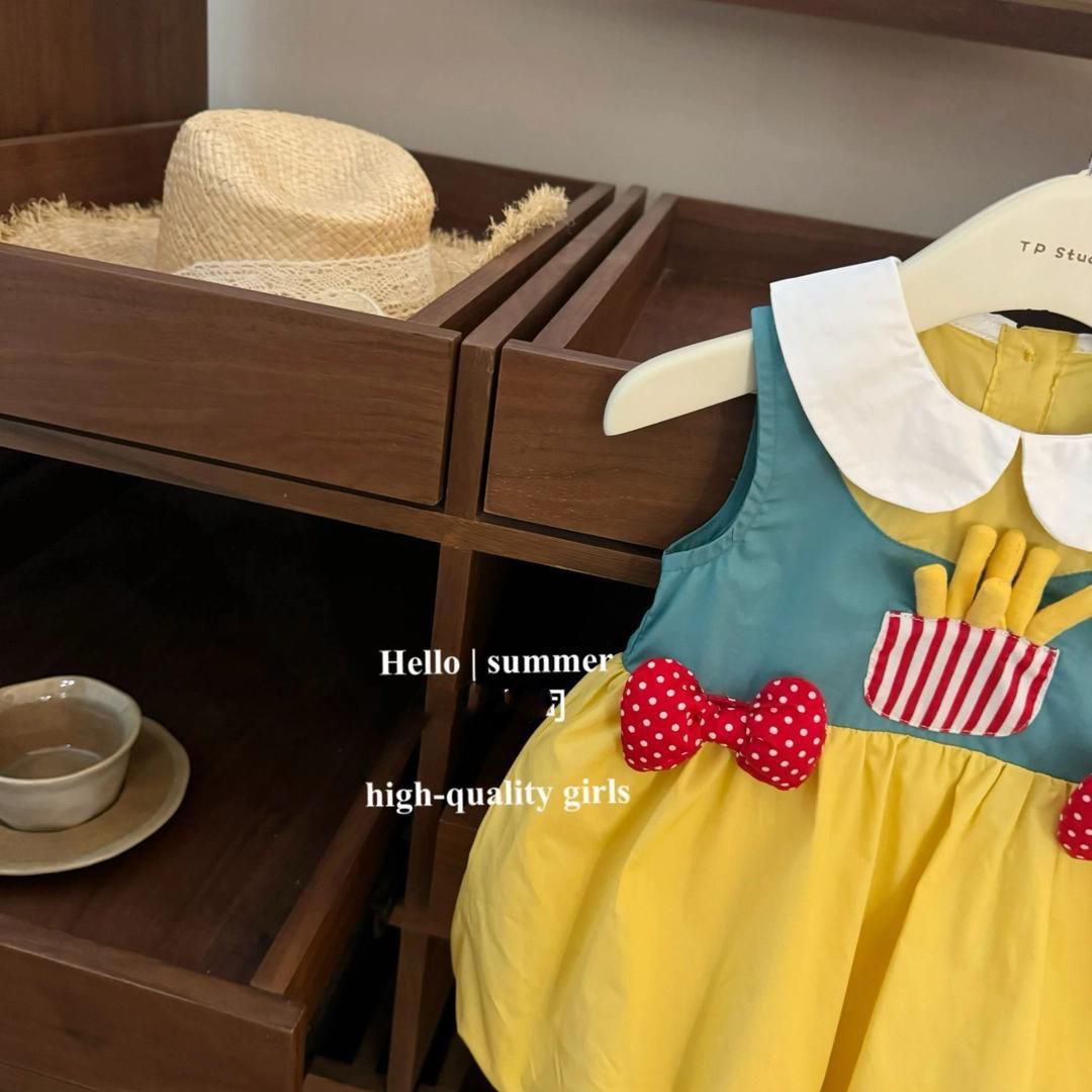 2025女童夏季新款cos麦店员女宝可爱薯条娃娃领学院花苞裙卡通裙 - 图1