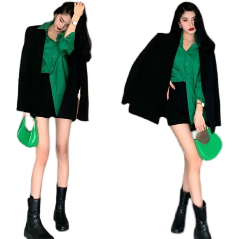 2025春装新款男友风绿色宽松防晒衬衫上衣+黑色西装外套女两件套,淘宝优惠券,粉丝福利购,淘宝优惠卷