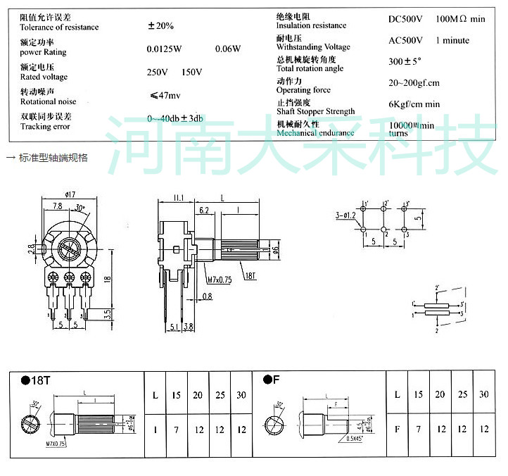 双联6脚功放音量电位器B10k 20k 50K 100k 500k-20MM花轴 - 图1