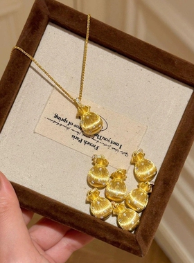 复古新中式拉丝金色小福袋吊坠项链福气满满秋冬精致高颜值锁骨链