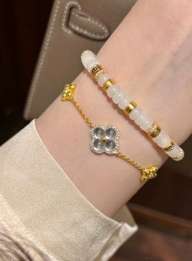 轻奢高级时尚金色水沫玉四叶草手链项链个性简约精致潮流首饰套装