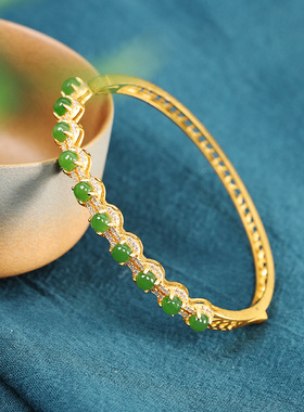 新款 s925银镀金和田玉碧玉贵妃镯手镯 时尚女式可打开手镯现货