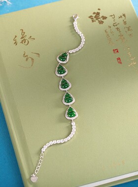S925银镶阳绿翡翠葫芦手链天然A货女手环时尚轻奢风手饰