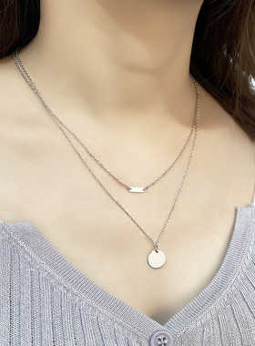 纯银圆牌双层欧美几何锁骨链