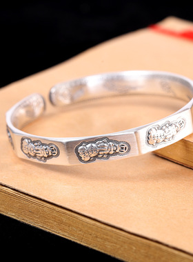 新款 s999足银 做旧貔貅开口手镯 时尚复古男女可戴手镯 现货