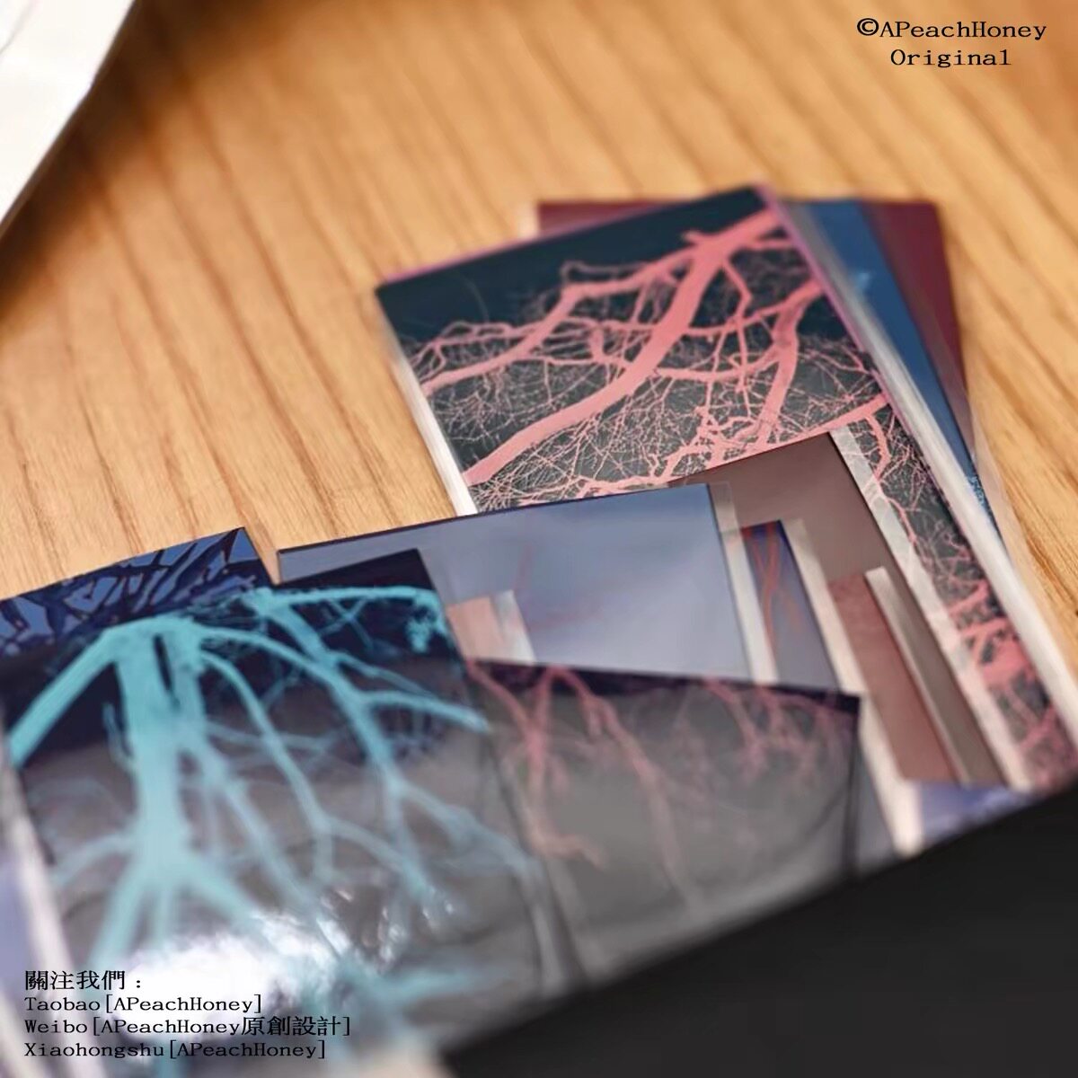 Floating light packaging APeachHoney tape collection photography pictures text realistic handbook collage