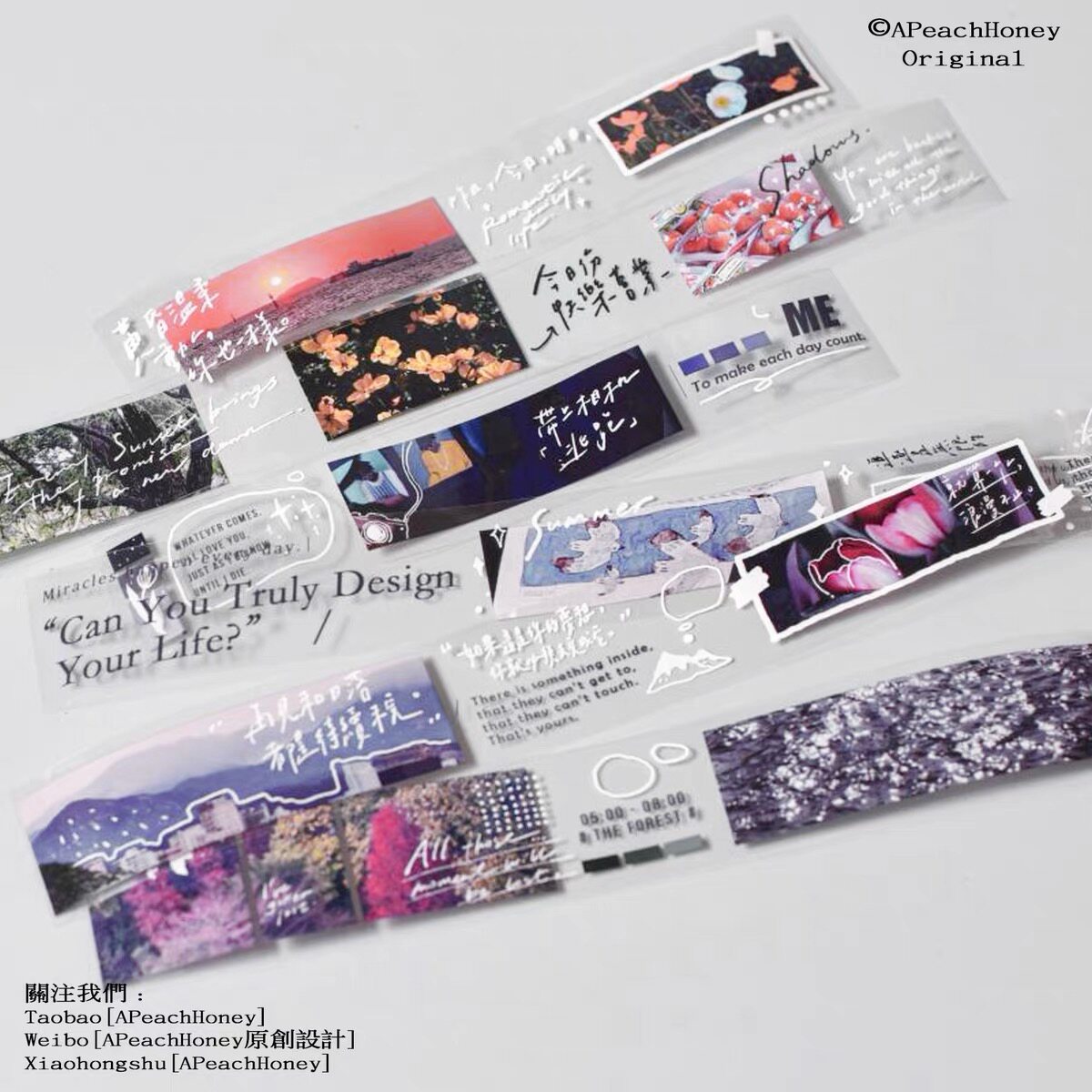Floating light packaging APeachHoney tape collection photography pictures text realistic handbook collage