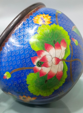 独特收藏纯铜景泰蓝蓝色珐琅彩莲生贵子荷叶莲花大香炉缸摆件