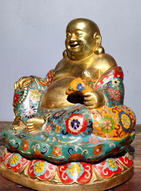 独特收藏纯铜景泰蓝掐丝珐琅彩莲花宝座笑口常开大肚弥勒佛像摆件