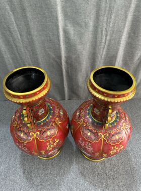 独特收藏纯铜景泰蓝红色掐丝珐琅龙凤呈祥鸿福满满龙耳大口瓶一对