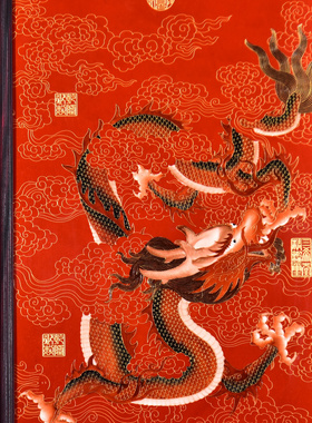 独特收藏老件木框镶红底珐琅彩描金瓷板画郎世宁作品祥龙献瑞挂板