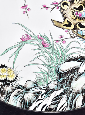 老件木框镶手绘粉彩花鸟瓷板画君子之风清香入怀圆形大挂屏挂板
