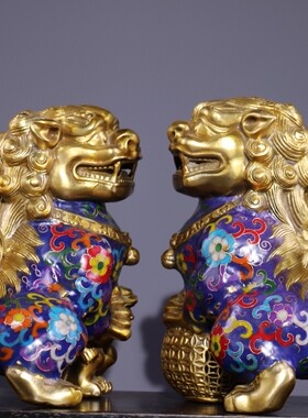 独特收藏纯铜景泰蓝蓝色掐丝珐琅吉祥喜庆瑞兽门狮一对5500克，