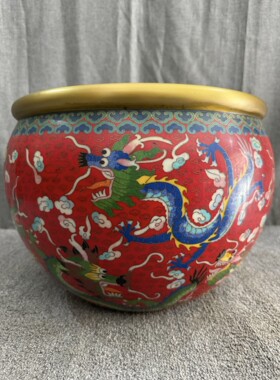 独特收藏精品景泰蓝红色掐丝珐琅彩内外工云龙祥瑞九龙大缸炉摆件
