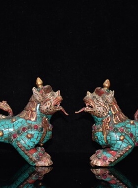 早期收藏老件纯铜镶绿松宝石西藏工艺富贵如意独角瑞兽摆件一对