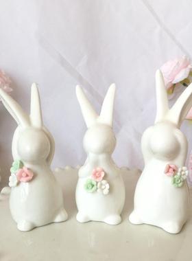 手捏花美式风仿真陶瓷兔子摆件