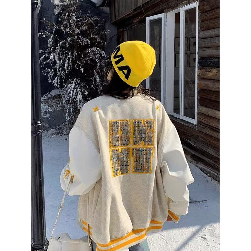 美式潮牌字母刺绣棒球服男女春秋撞色设计感宽松休闲情侣夹克外套 - 图0