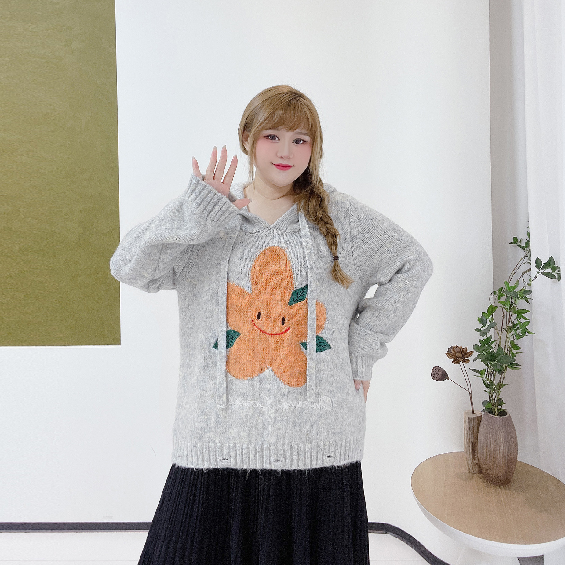 减龄卡通幻彩连帽毛衣胖莹莹大码女装秋冬打底宽松遮肉休闲针织衫,淘宝优惠券,粉丝福利购,淘宝优惠卷