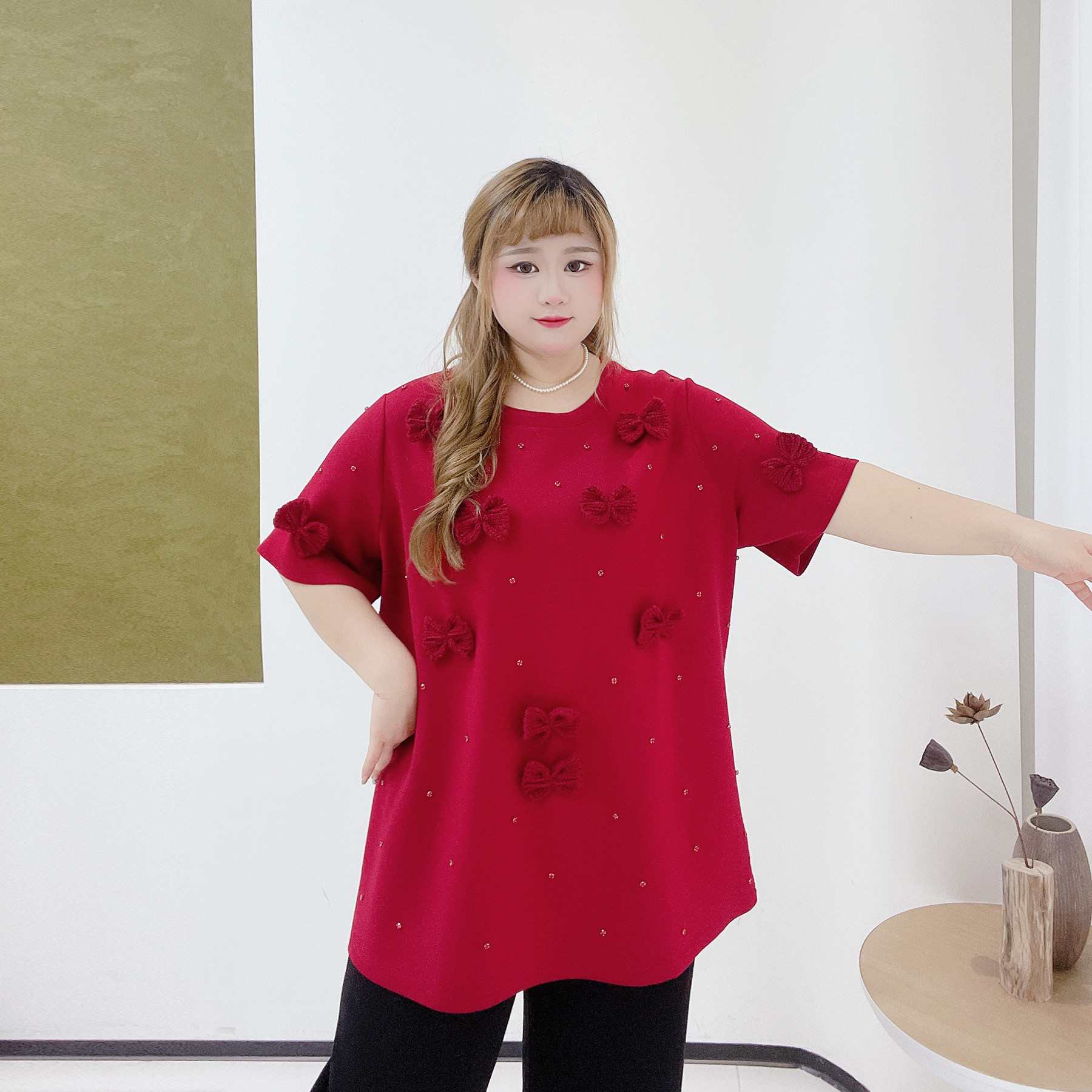 蓬勃温婉知性风胖莹莹大码女装胖mm钉钻减龄蝴蝶结加厚短袖T恤衫,淘宝优惠券,粉丝福利购,淘宝优惠卷