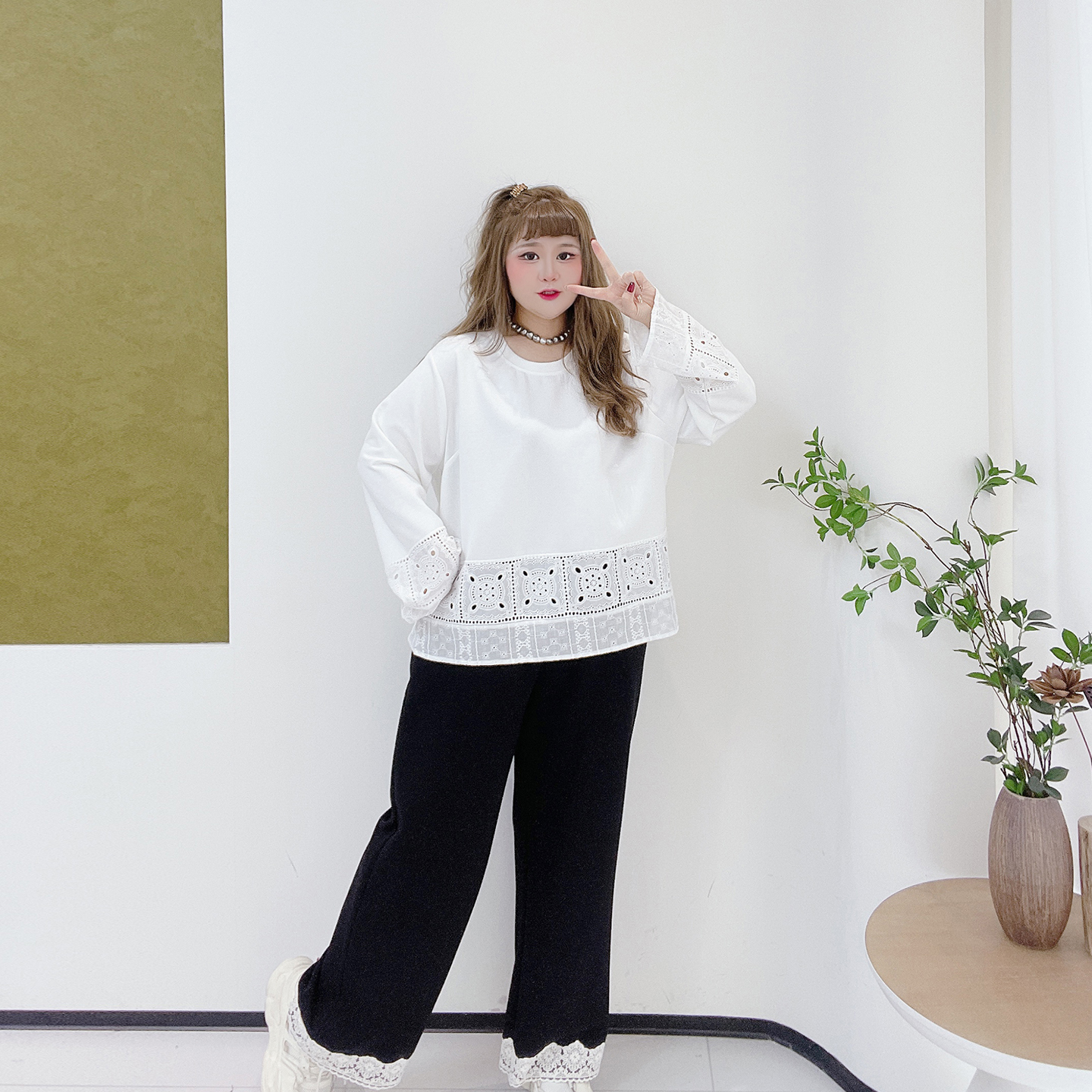 甜美风高腰显瘦宽松长裤子胖莹莹大码女装秋拼接蕾丝边休闲阔腿裤