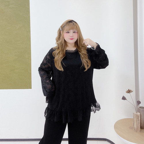 纯欲暖系穿搭磨毛打底衫胖仙女莹莹大码女装胖mm春季刺绣蕾丝小衫 - 图1
