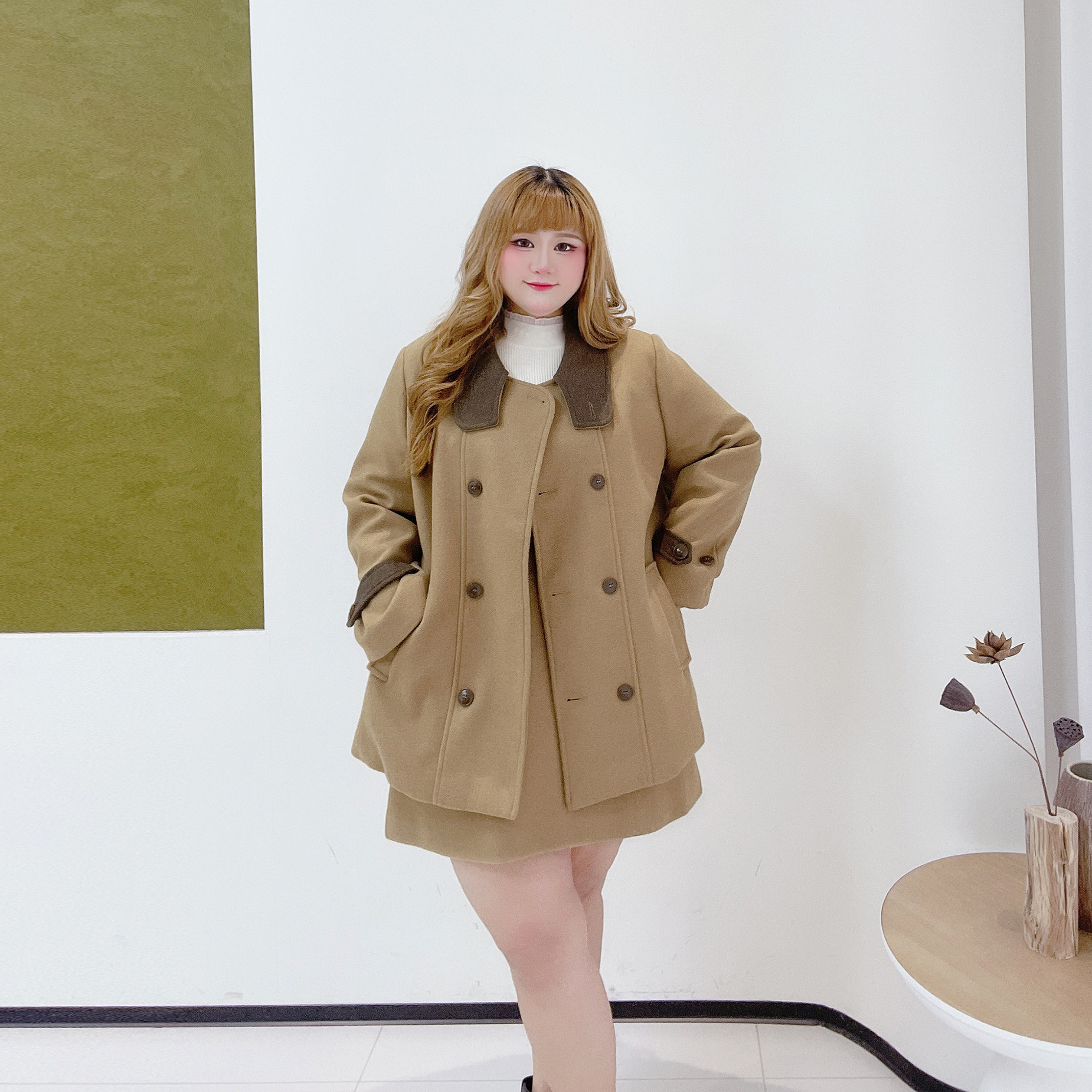 300斤美拉德套装胖莹莹大码女装冬季立领夹棉毛呢外套短款半身裙,淘宝优惠券,粉丝福利购,淘宝优惠卷