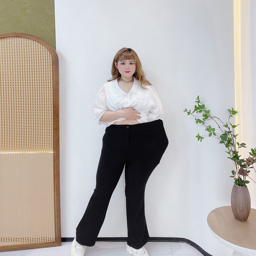 300斤高弹力显瘦西装裤子胖仙女莹莹大码女装秋冬加绒微喇休闲裤 - 图2