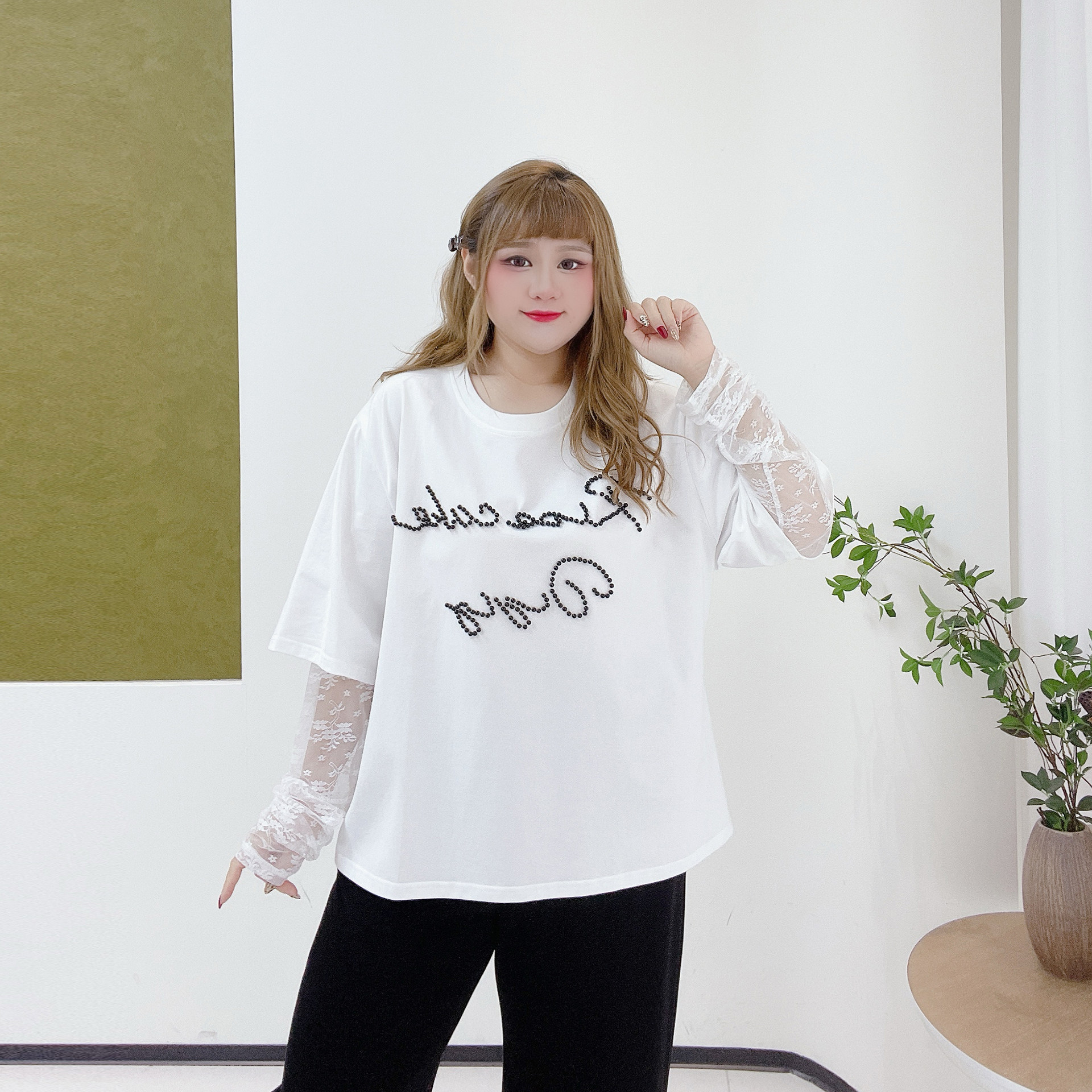 宽松休闲正肩重工钉珠假两件上衣胖莹莹大码女装秋季拼接蕾丝T恤,淘宝优惠券,粉丝福利购,淘宝优惠卷