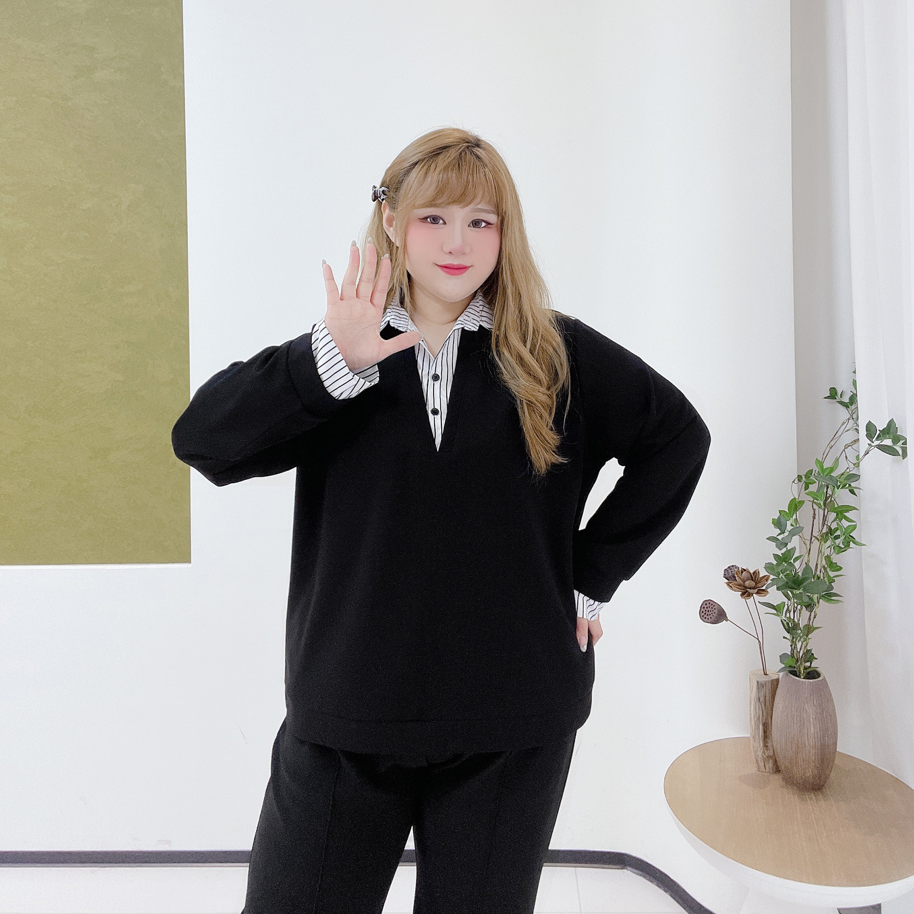 300斤休闲通勤风长袖条纹假两件上衣胖莹莹大码女装秋冬翻领衬衫,淘宝优惠券,粉丝福利购,淘宝优惠卷