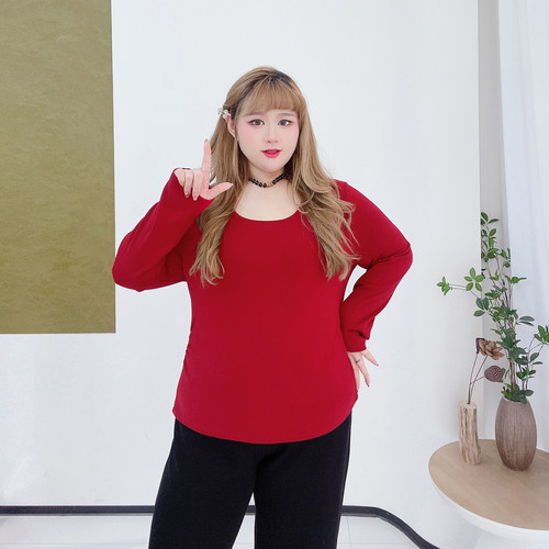 春季绒感保暖基础款打底衫胖莹莹大码女装纯色收腰显瘦内搭T恤衫 - 图1