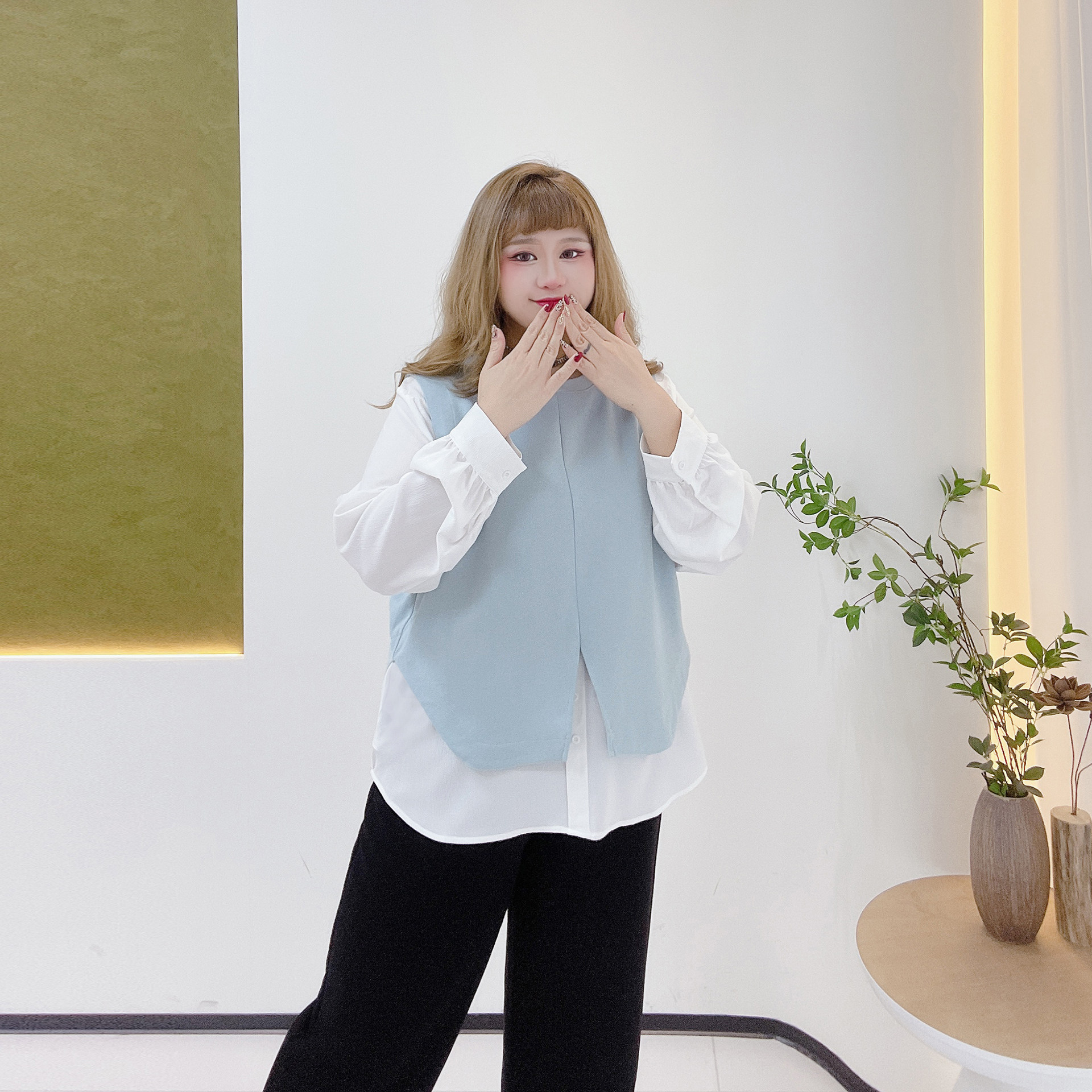 时尚撞色不规则设计感显瘦内搭胖莹莹大码女装秋季假两件长袖衬衫,淘宝优惠券,粉丝福利购,淘宝优惠卷