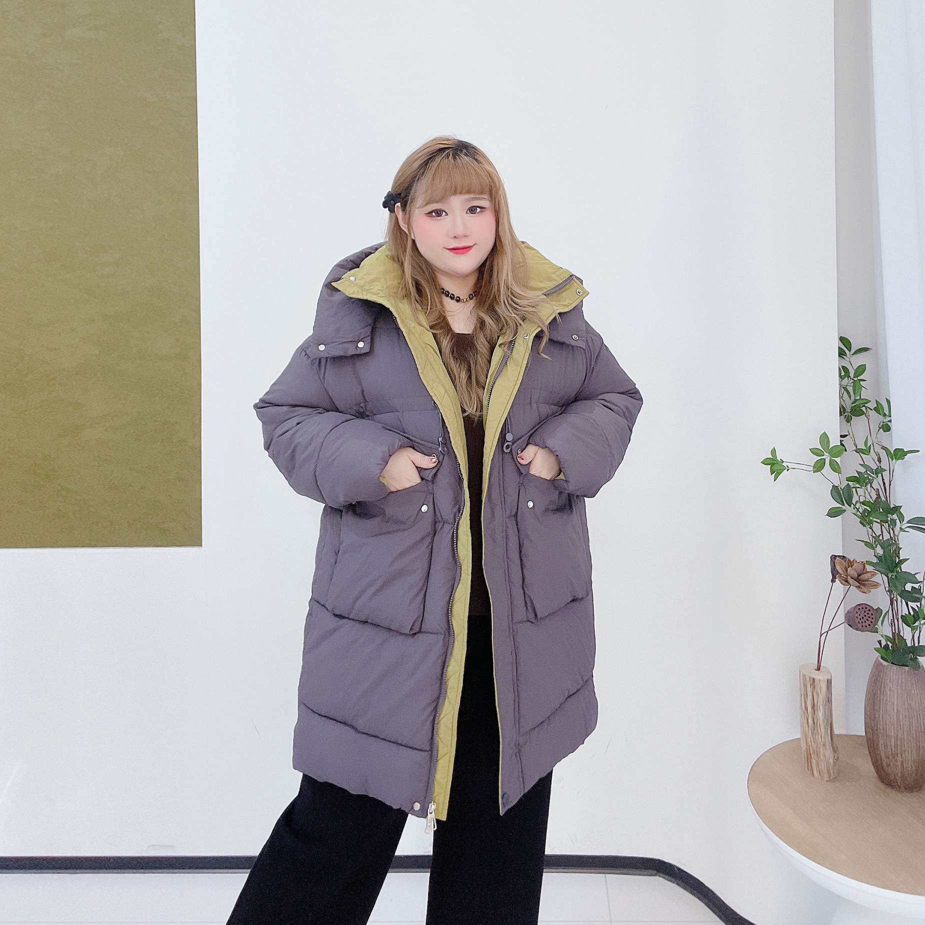 2025休闲风中长款撞色连帽面包服胖莹莹大码女装冬季加厚棉袄外套,淘宝优惠券,粉丝福利购,淘宝优惠卷