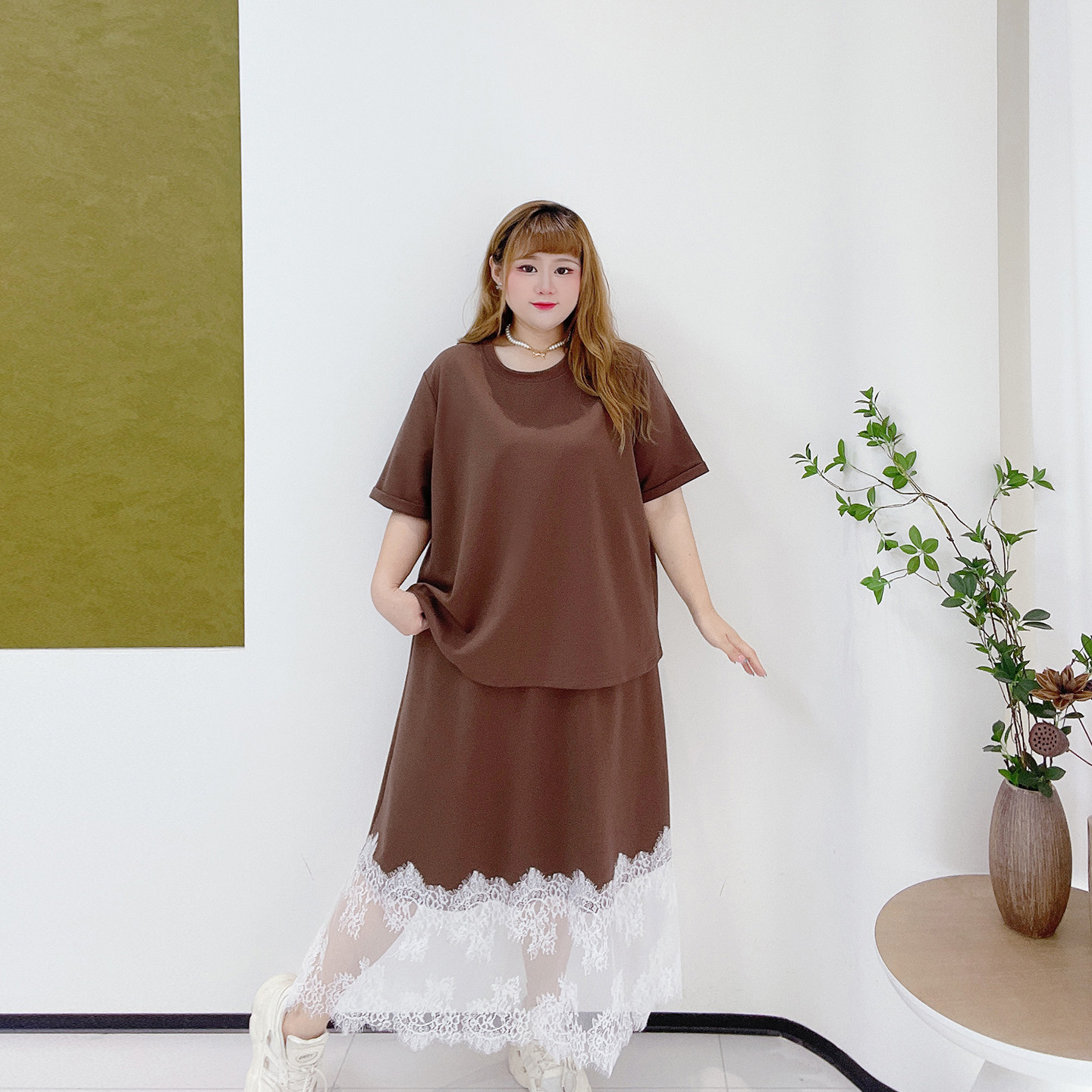 甜美风遮肉三件套装胖莹莹大码女装夏蕾丝吊带时尚T恤拼接半身裙,淘宝优惠券,粉丝福利购,淘宝优惠卷