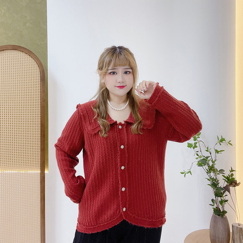 甜美肌理感针织开衫胖仙女莹莹大码女装胖mm春娃娃领百搭显瘦上衣 - 图1