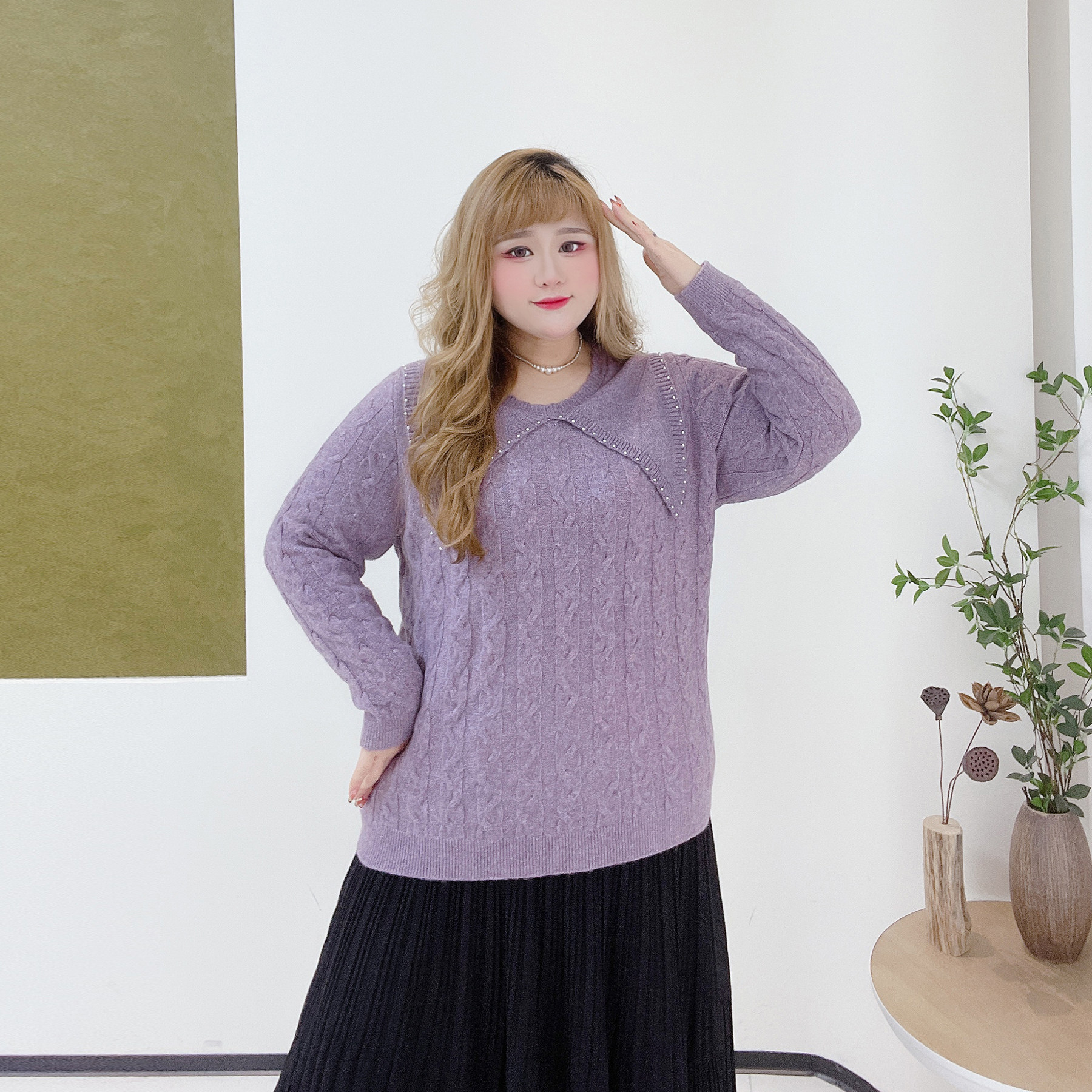 别致风重工钉珠娃娃领打底衫毛衣胖莹莹大码女装秋冬纹理感针织衫,淘宝优惠券,粉丝福利购,淘宝优惠卷