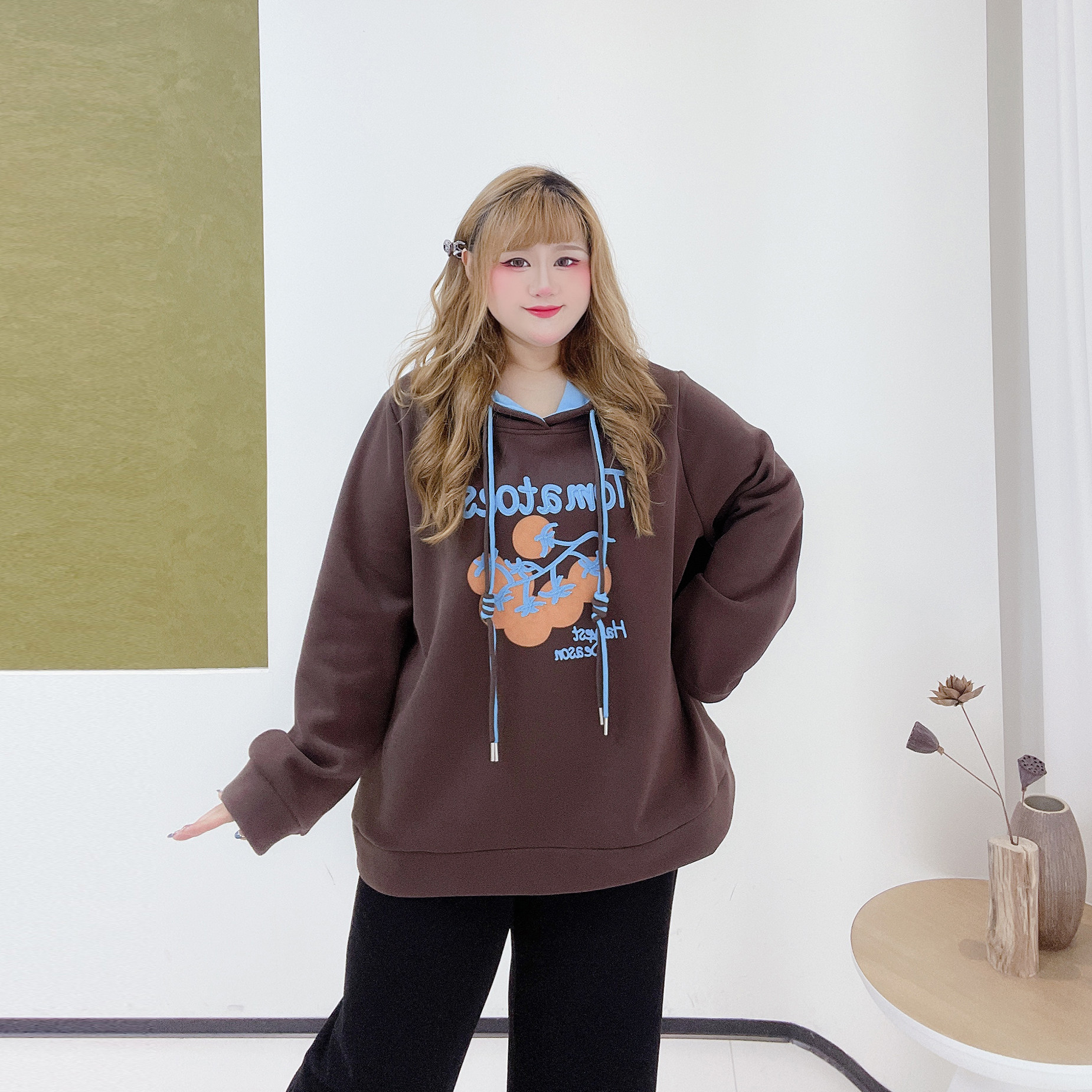 韩系休闲风减龄刺绣加绒上衣胖莹莹大码女装秋冬撞色遮肉连帽卫衣,淘宝优惠券,粉丝福利购,淘宝优惠卷