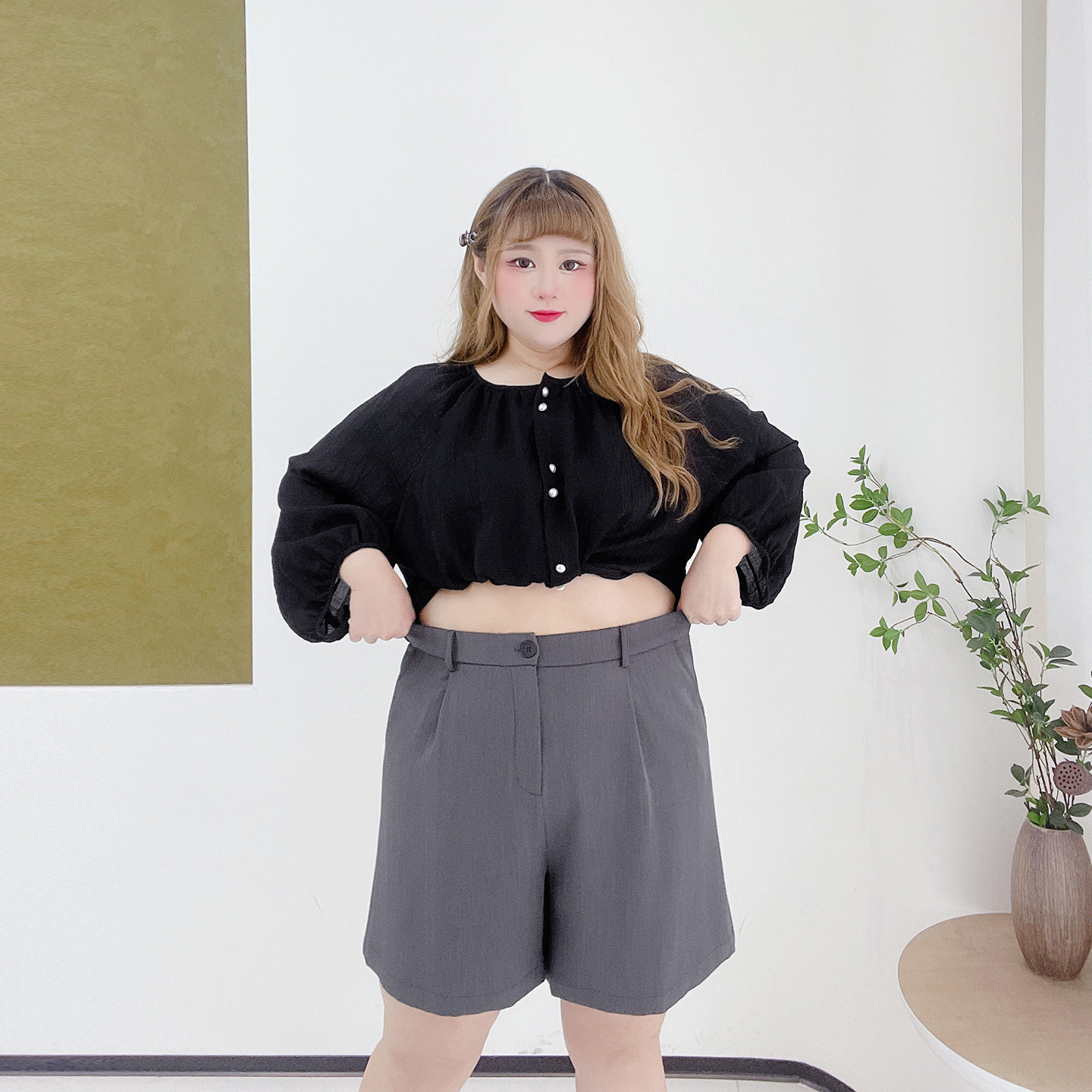 韩系显瘦百搭高腰五分阔腿裤子胖莹莹大码女装夏通勤黑色西装短裤,淘宝优惠券,粉丝福利购,淘宝优惠卷