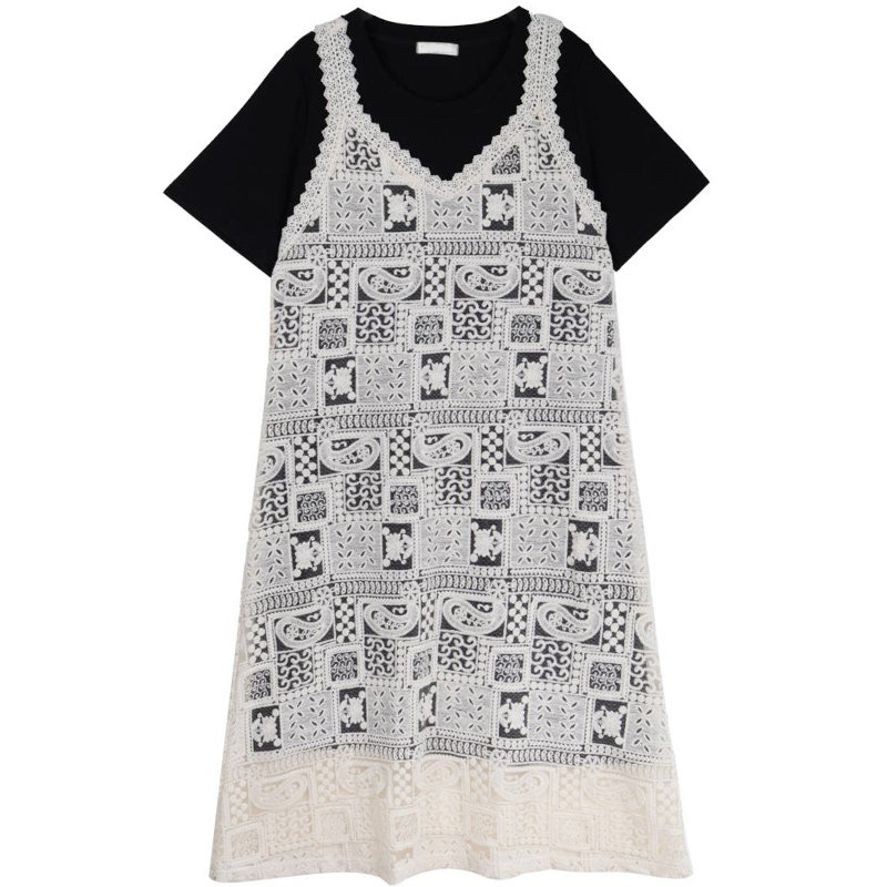 胖莹莹大码女装胖mm夏季长款T恤刺绣蕾丝吊带连衣裙叠穿遮肉套装,淘宝优惠券,粉丝福利购,淘宝优惠卷