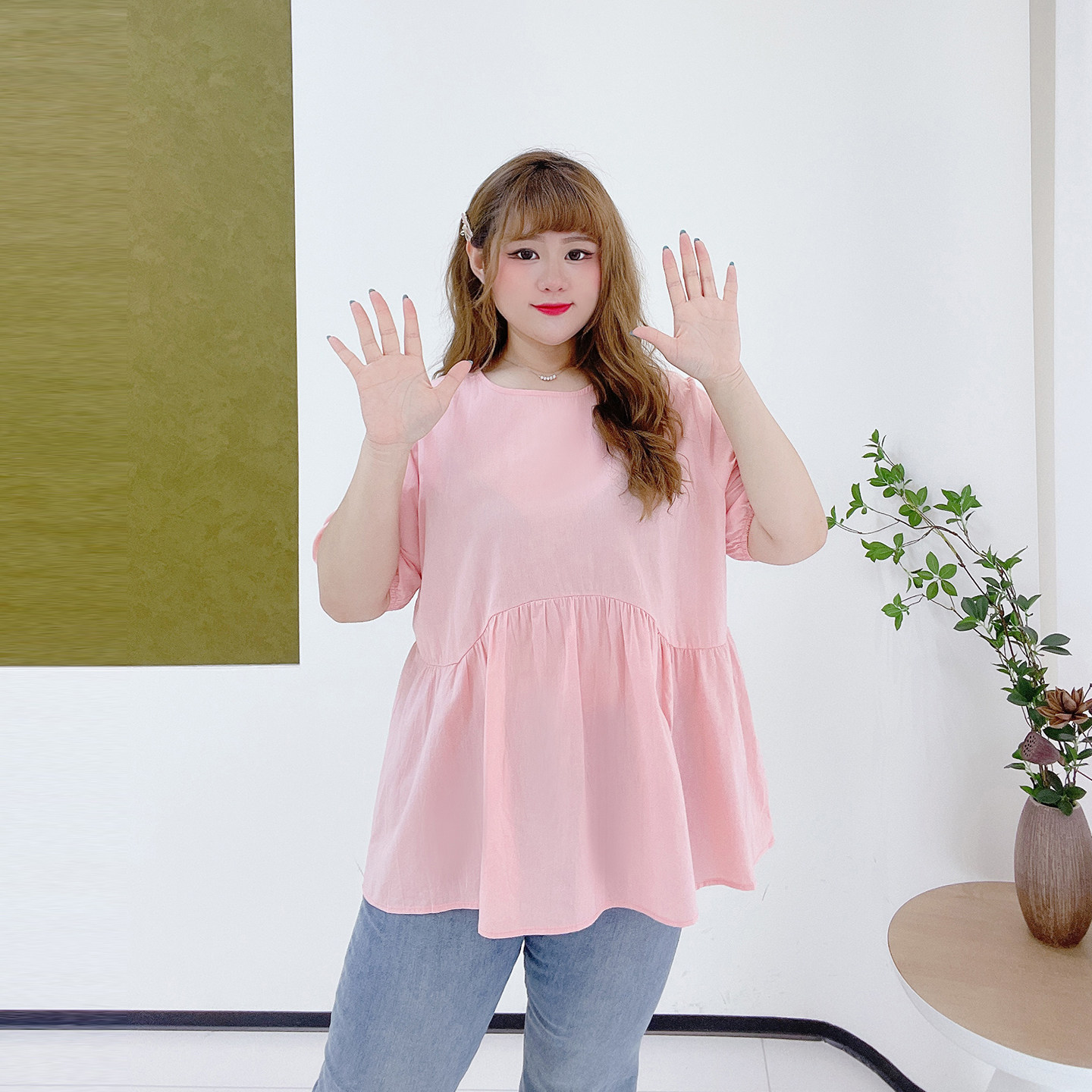 时尚多巴胺娃娃衫胖莹莹大码女装胖mm夏季减龄荷叶边A字遮肉衬衫,淘宝优惠券,粉丝福利购,淘宝优惠卷