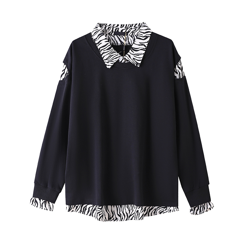 300斤遮肉上衣胖仙女莹莹大码女装胖mm拼接斑马纹加绒假两件卫衣 - 图3