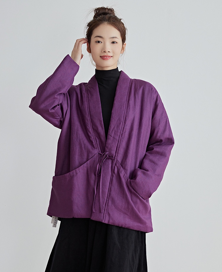 原创亚麻秋冬棉衣女复古宽松系带开衫棉服交领纯色加厚保暖短外套