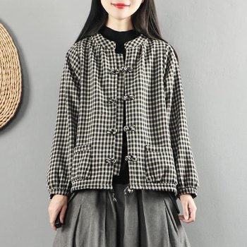 2024 Spring Cotton and Linen Plaid Short Jacket Women's Large Size Loose Art Shirt Plus Velvet Thickened Button Cardigan Top