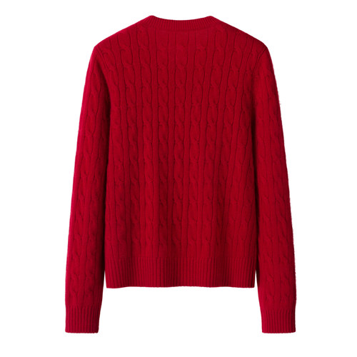 2026秋冬新款红色羊绒衫女麻花针织开衫圆领单排扣绞花本命年毛衣 - 图0