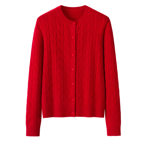 2026秋冬新款红色羊绒衫女麻花针织开衫圆领单排扣绞花本命年毛衣 - 图3
