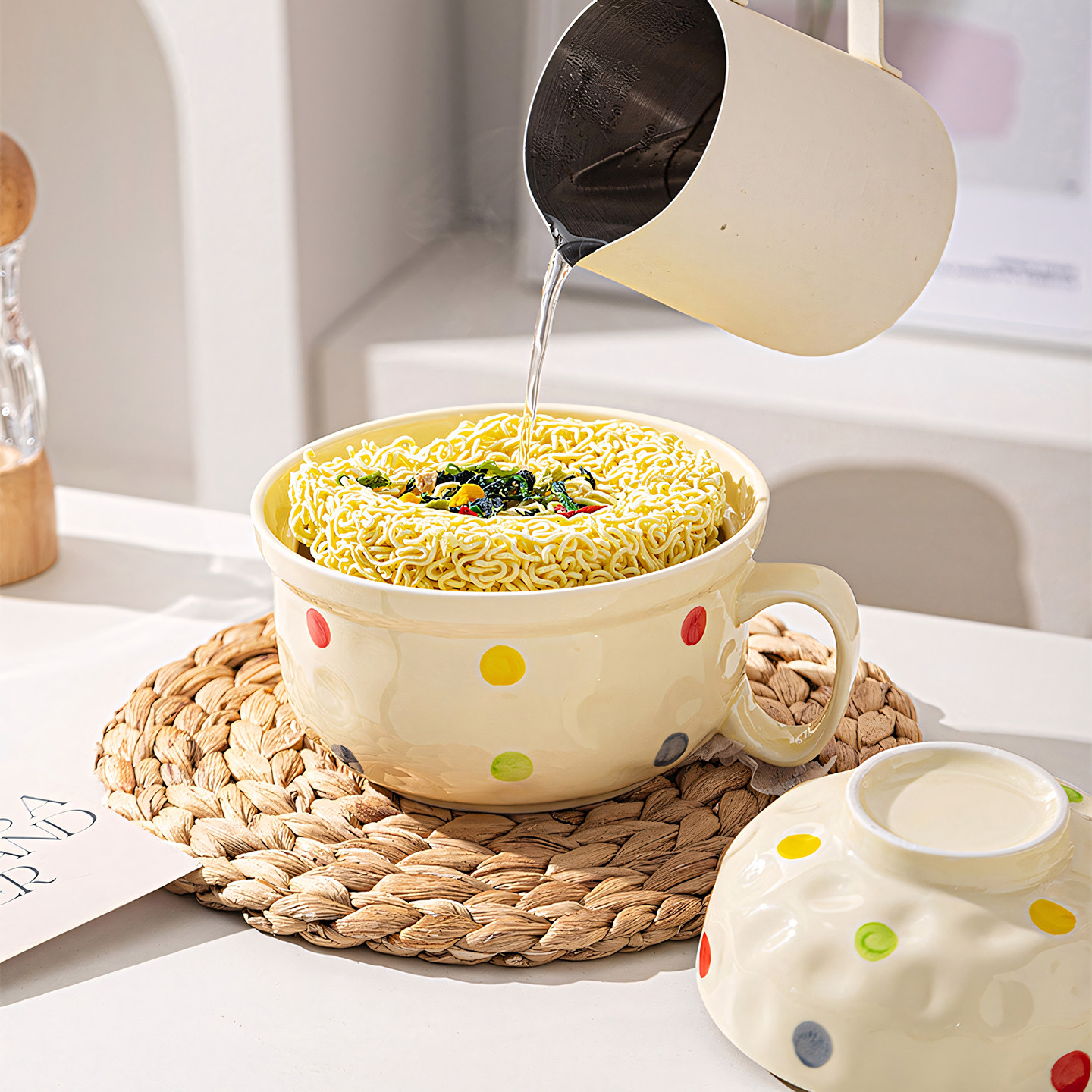 奶油风泡面碗带盖高颜值个人专用方便面碗陶瓷学生打饭碗筷套装,淘宝优惠券,粉丝福利购,淘宝优惠卷