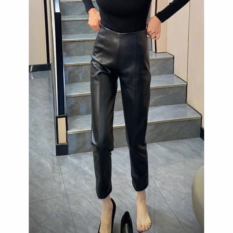 通勤风黑色紧身皮裤女2025秋季新款高级感时髦显瘦百搭九分烟管裤,淘宝优惠券,粉丝福利购,淘宝优惠卷