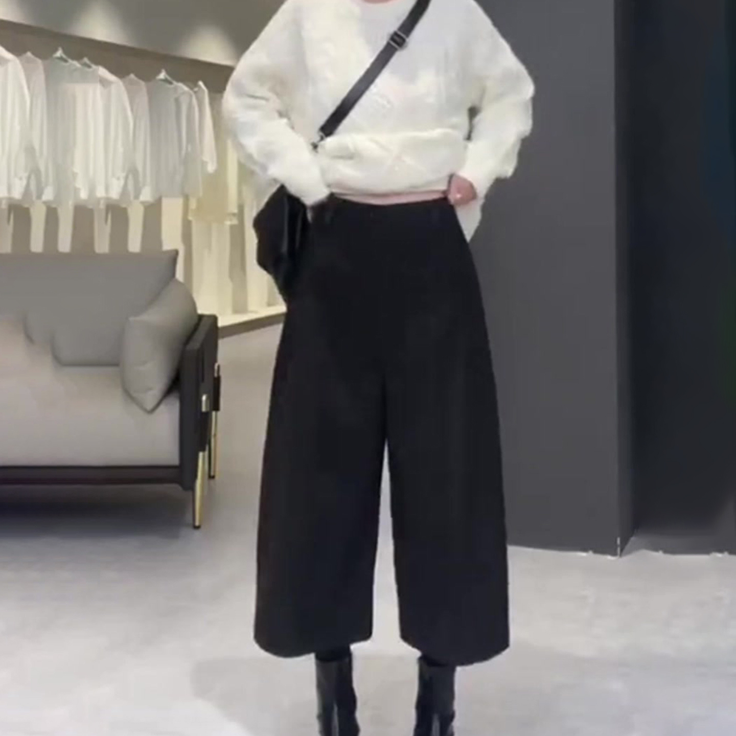 黑色八分毛呢休闲裤女秋冬新款高腰显瘦时尚百搭洋气直筒阔腿裤子 - 图1