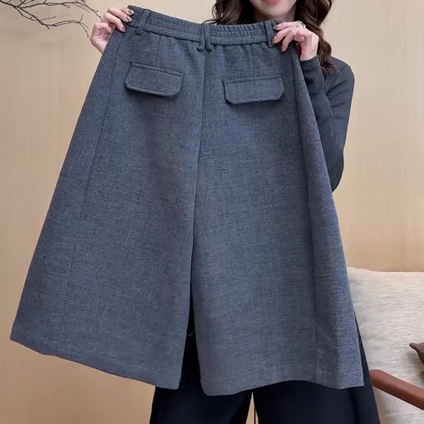 黑色慵懒风日系毛呢中裤2025大码胖mm气质百搭阔腿女裤子秋款视觉,淘宝优惠券,粉丝福利购,淘宝优惠卷