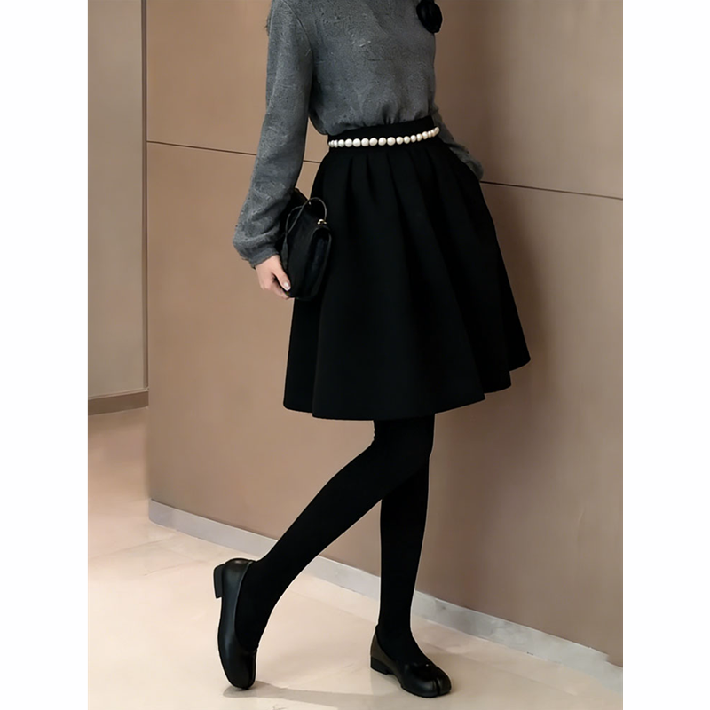 韩系黑色加厚毛呢A字半身裙女2025冬季新款高腰显瘦百搭花苞短裙,淘宝优惠券,粉丝福利购,淘宝优惠卷